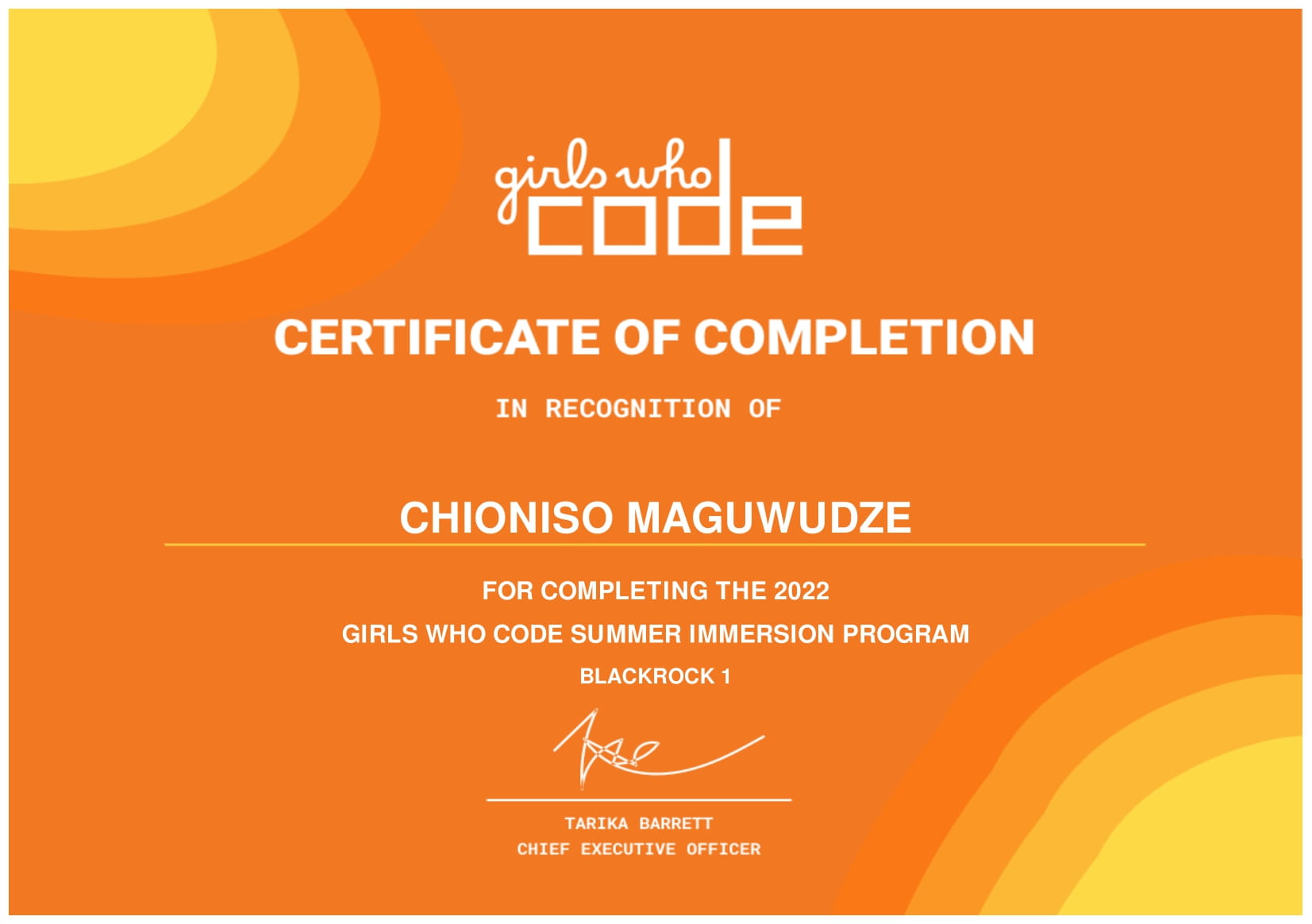 Girls Who Code Summer Immersion Program Certificate